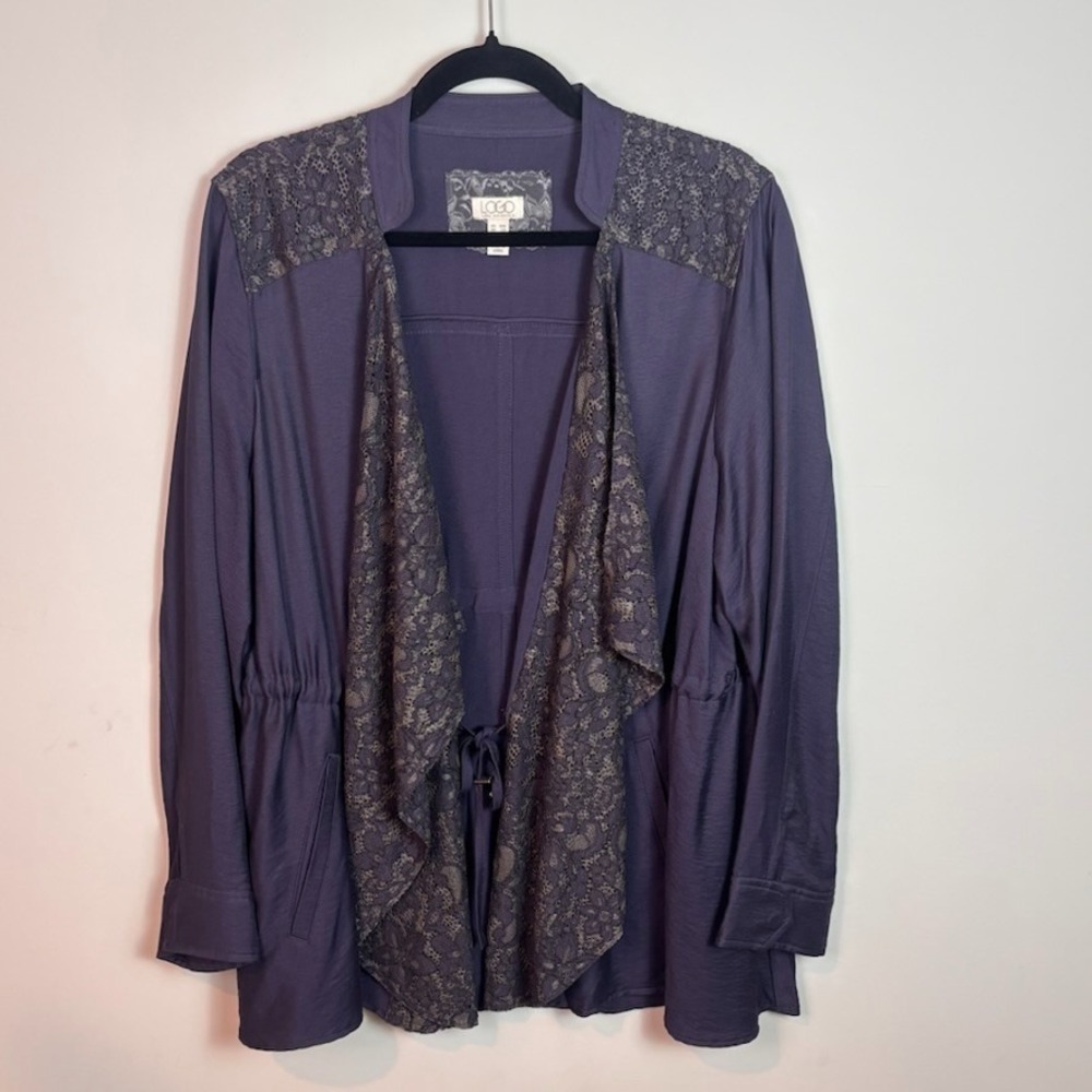 LOGO Lori Goldsein Womens Blue Lace Detail Tie Front Open Jacket sz 18W Bohemian